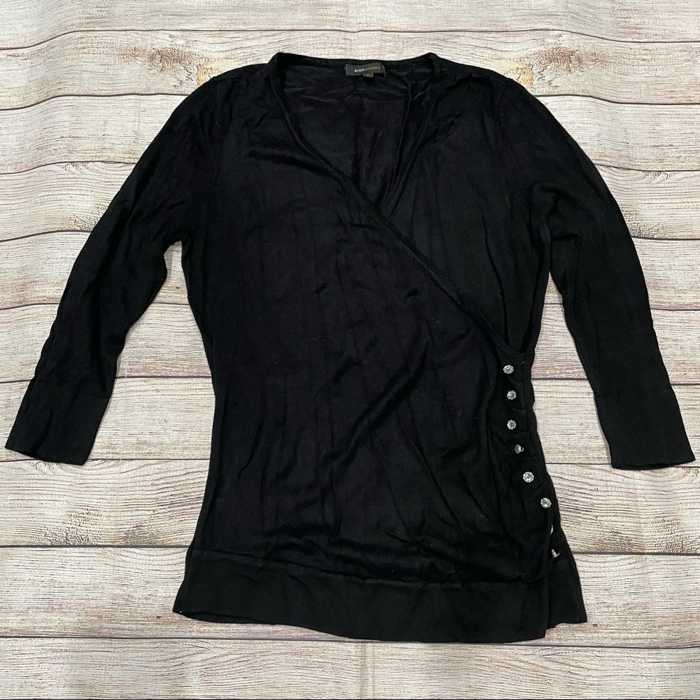 BCBGMaxazria Black Wrap Top with embellished buttons